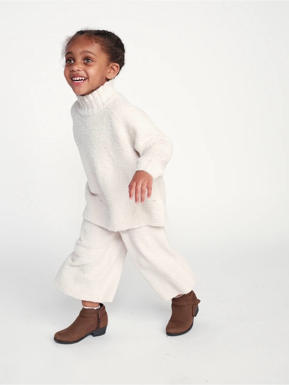 7AM Enfant 2-3T Fuzzy Boxy Mock Neck Sweater and Wide Leg pants in Ecru